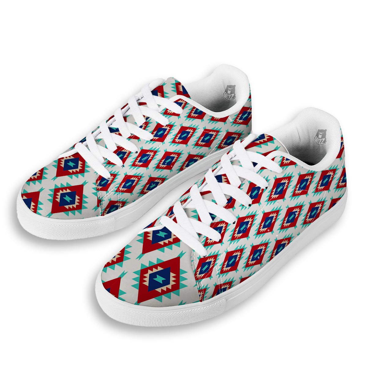 Southwestern Teal And Red Print Pattern White Low Top Sneakers-grizzshop