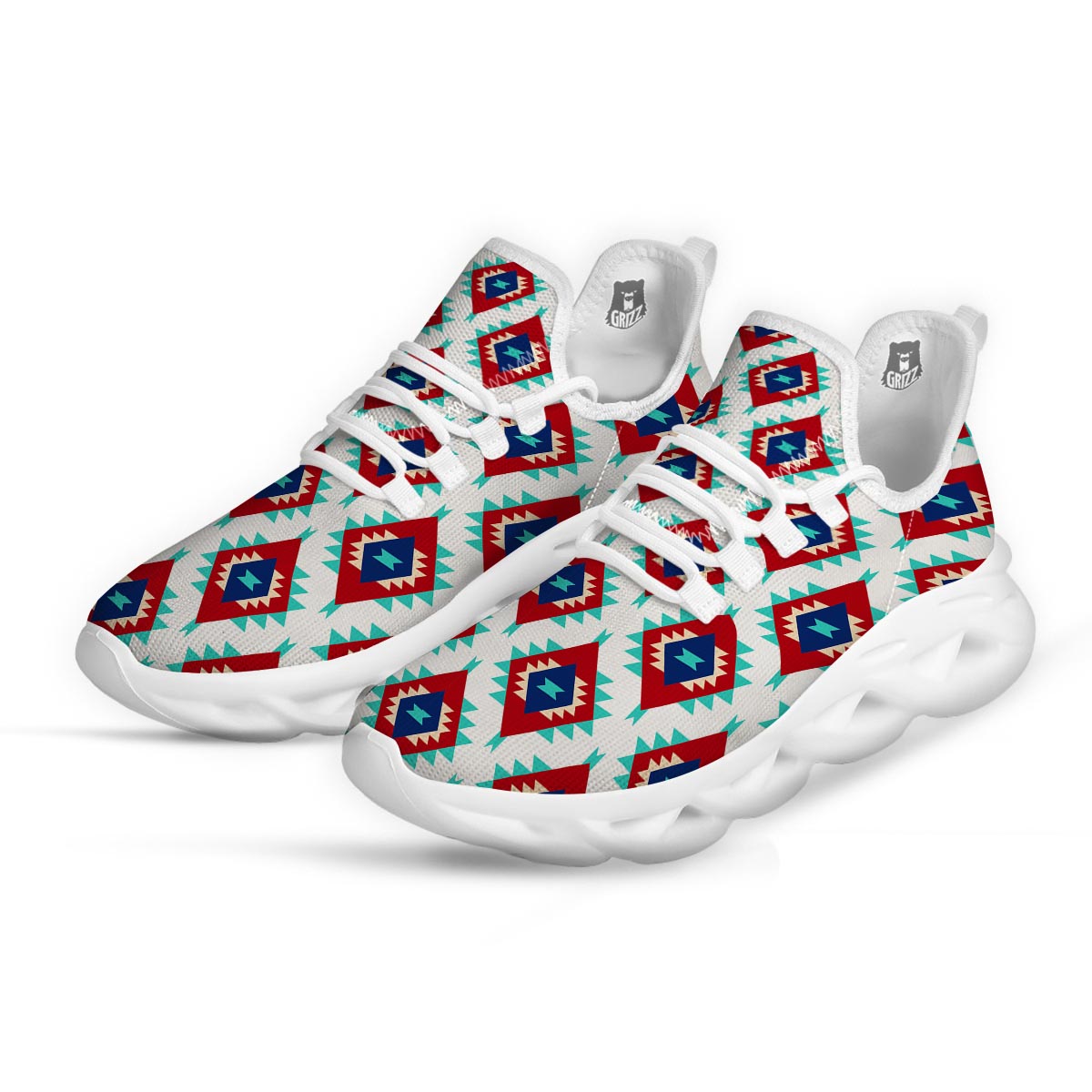 Southwestern Teal And Red Print Pattern White Running Shoes-grizzshop