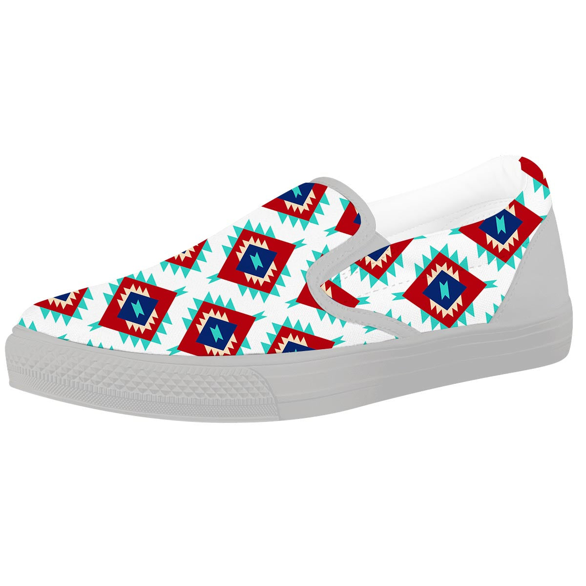 Southwestern Teal And Red Print Pattern White Slip On Shoes-grizzshop