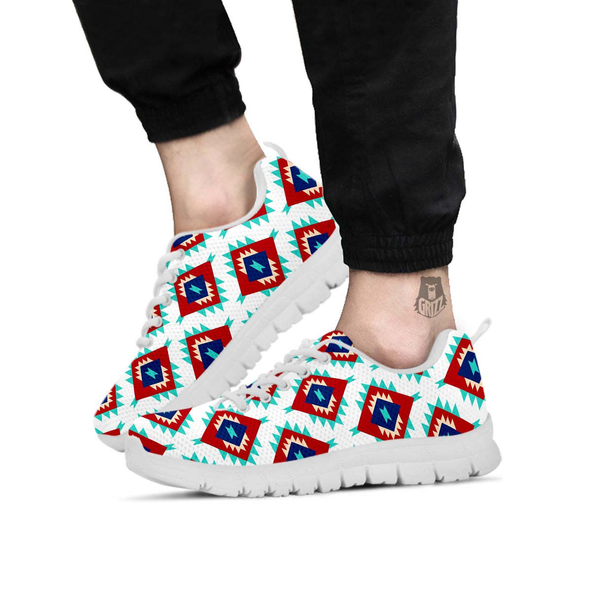 Southwestern Teal And Red Print Pattern White Sneaker-grizzshop