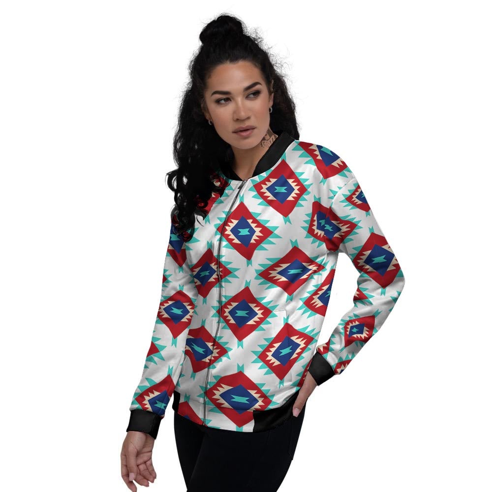 Southwestern Teal And Red Print Pattern Women's Bomber Jacket-grizzshop