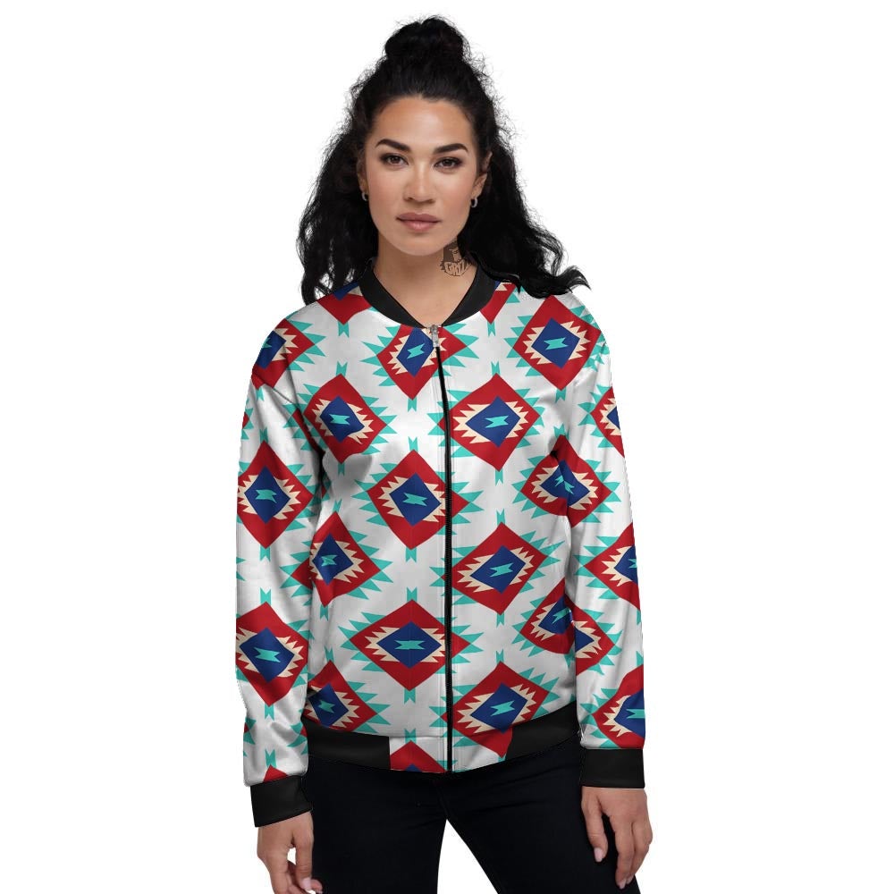 Southwestern Teal And Red Print Pattern Women's Bomber Jacket-grizzshop