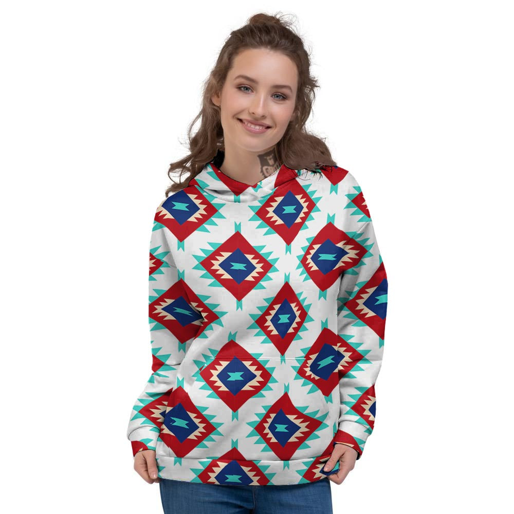 Southwestern Teal And Red Print Pattern Women's Hoodie-grizzshop