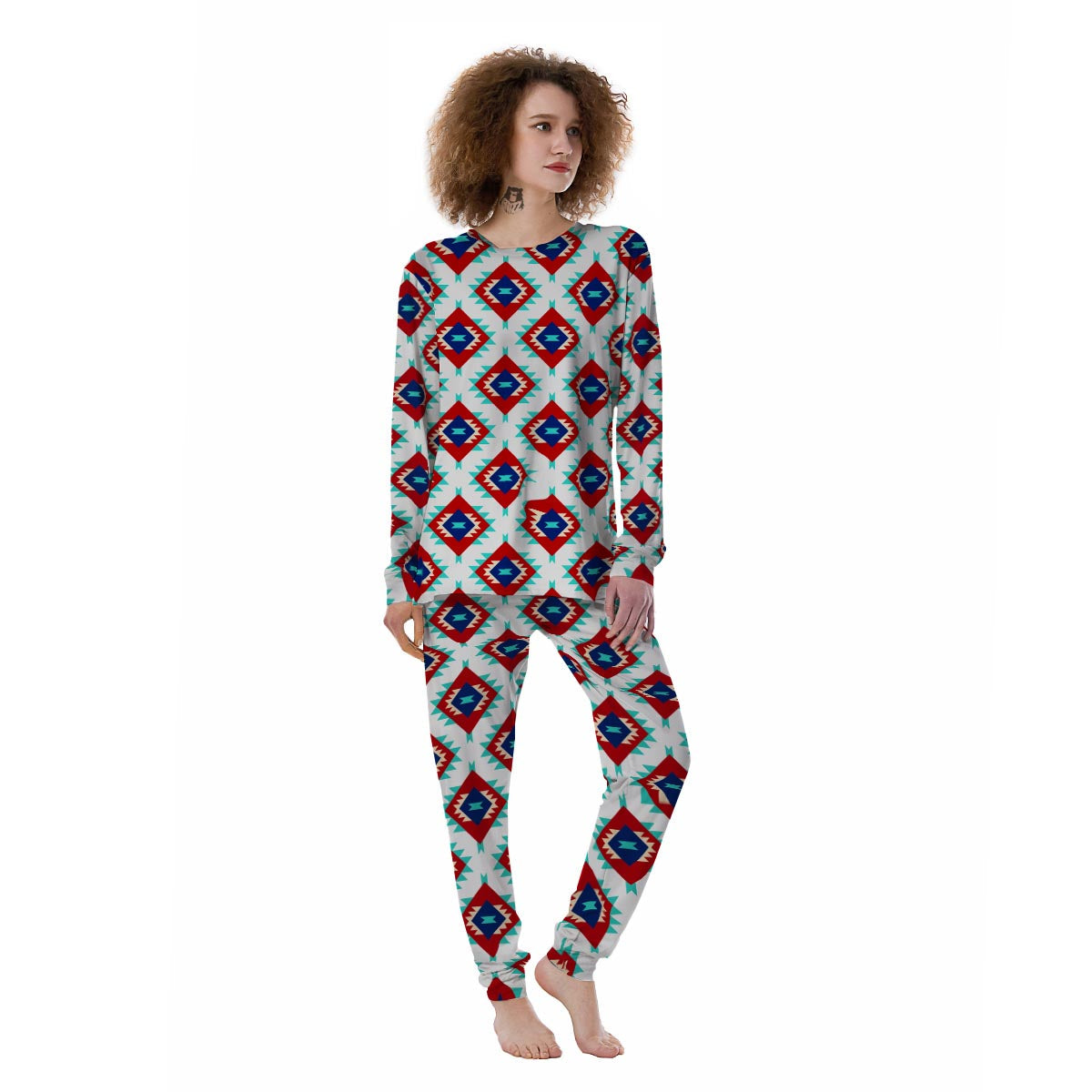 Southwestern Teal And Red Print Pattern Women's Pajamas-grizzshop