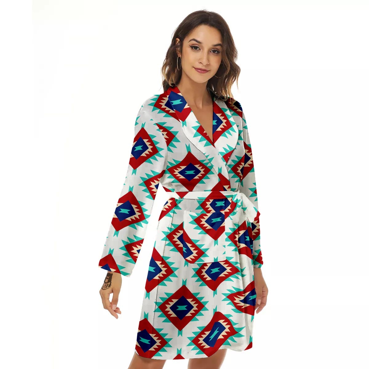Southwestern Teal And Red Print Pattern Women's Robe-grizzshop