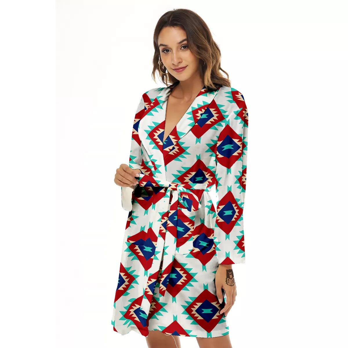 Southwestern Teal And Red Print Pattern Women's Robe-grizzshop