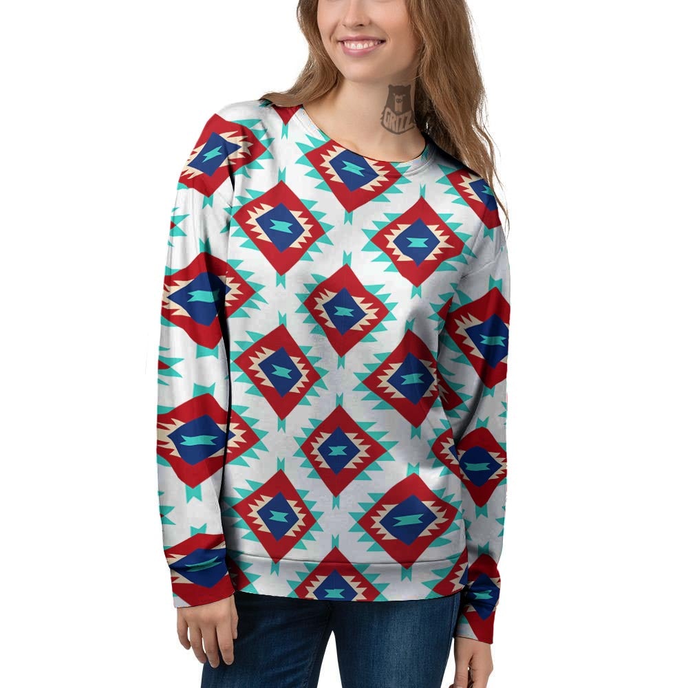 Southwestern Teal And Red Print Pattern Women's Sweatshirt-grizzshop