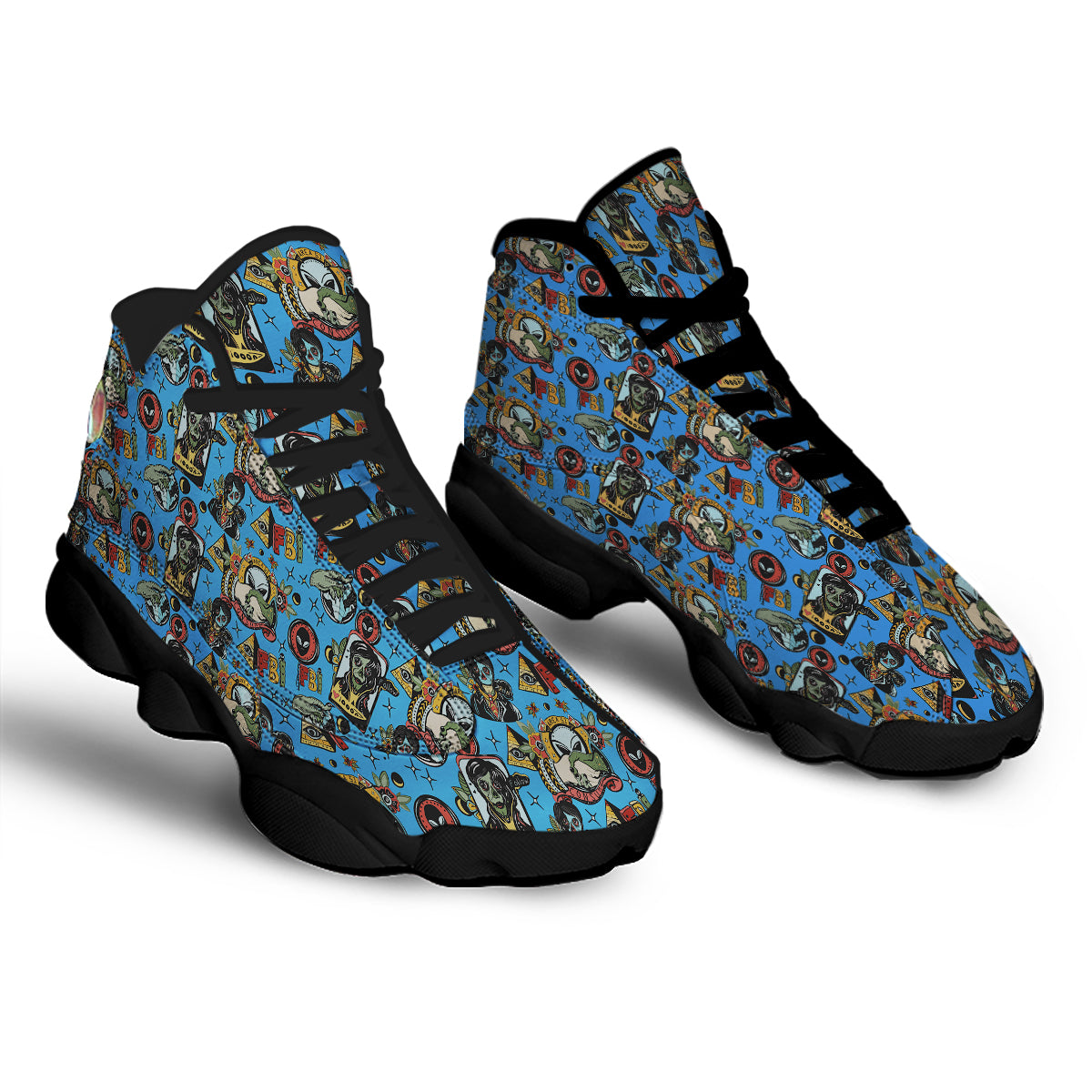 Space Alien Retro Tattoo Print Pattern Black Basketball Shoes-grizzshop