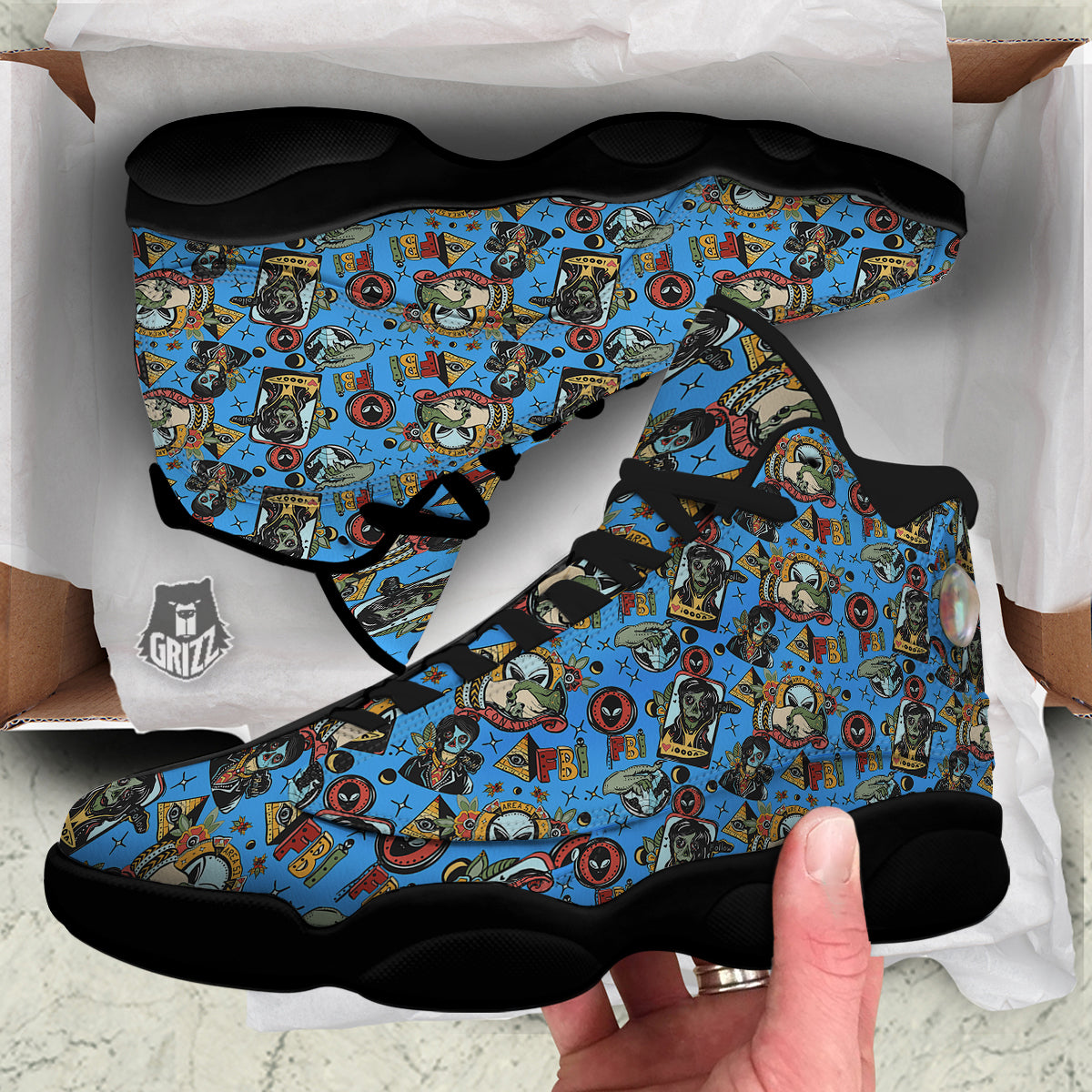 Space Alien Retro Tattoo Print Pattern Black Basketball Shoes-grizzshop