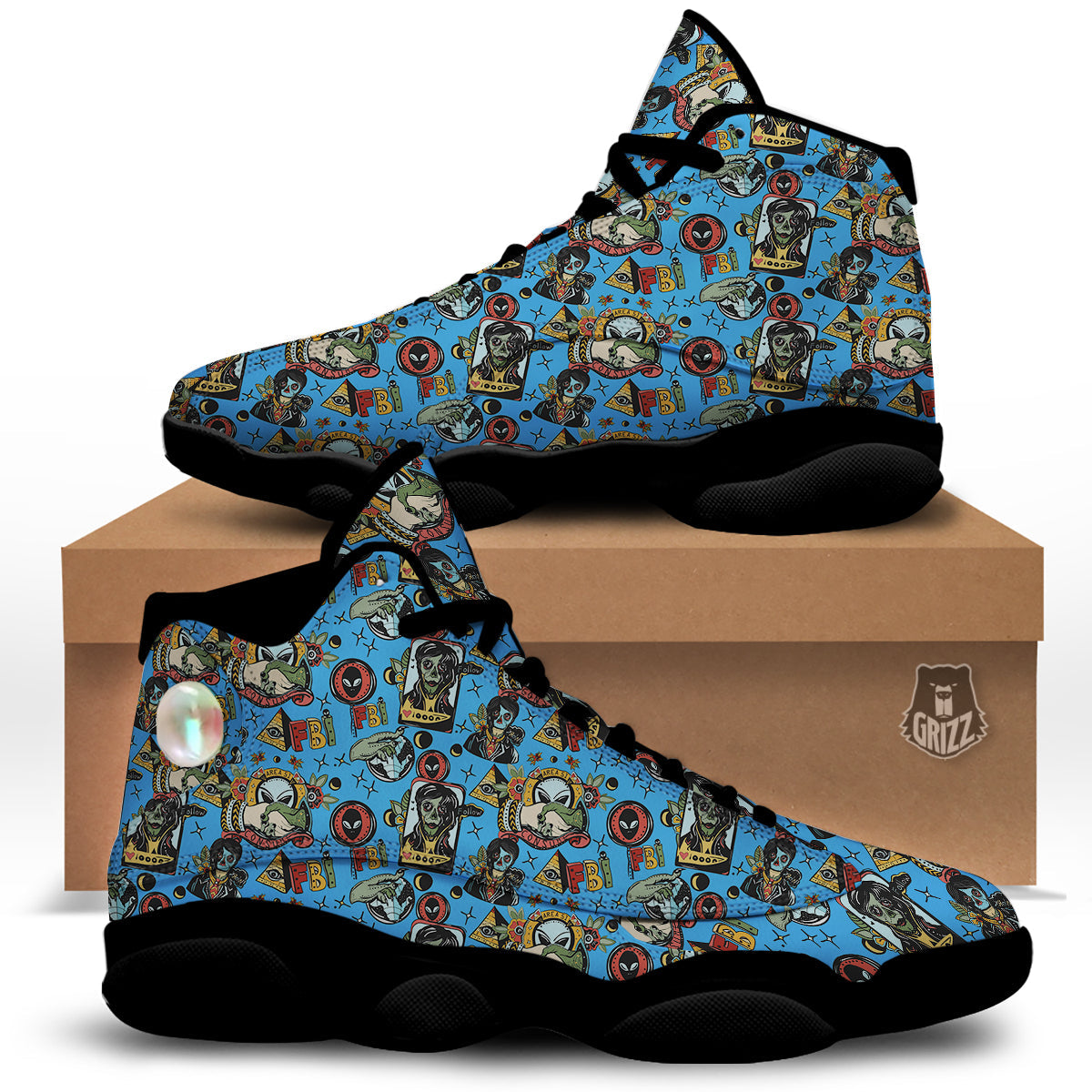 Space Alien Retro Tattoo Print Pattern Black Basketball Shoes-grizzshop