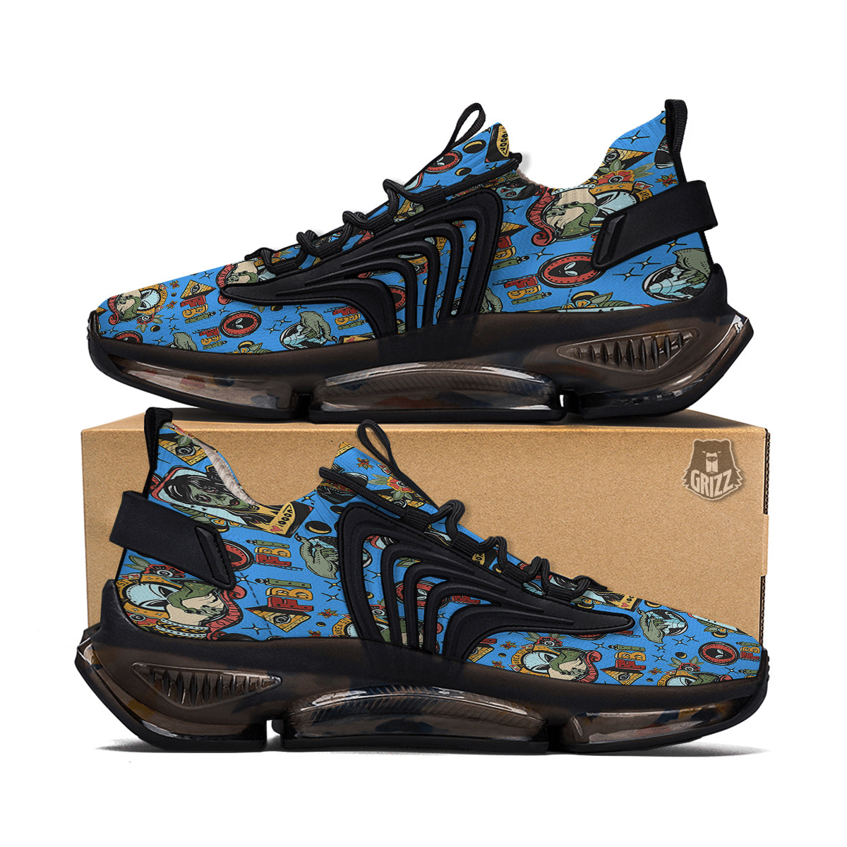 Space Alien Retro Tattoo Print Pattern Black Gym Shoes-grizzshop