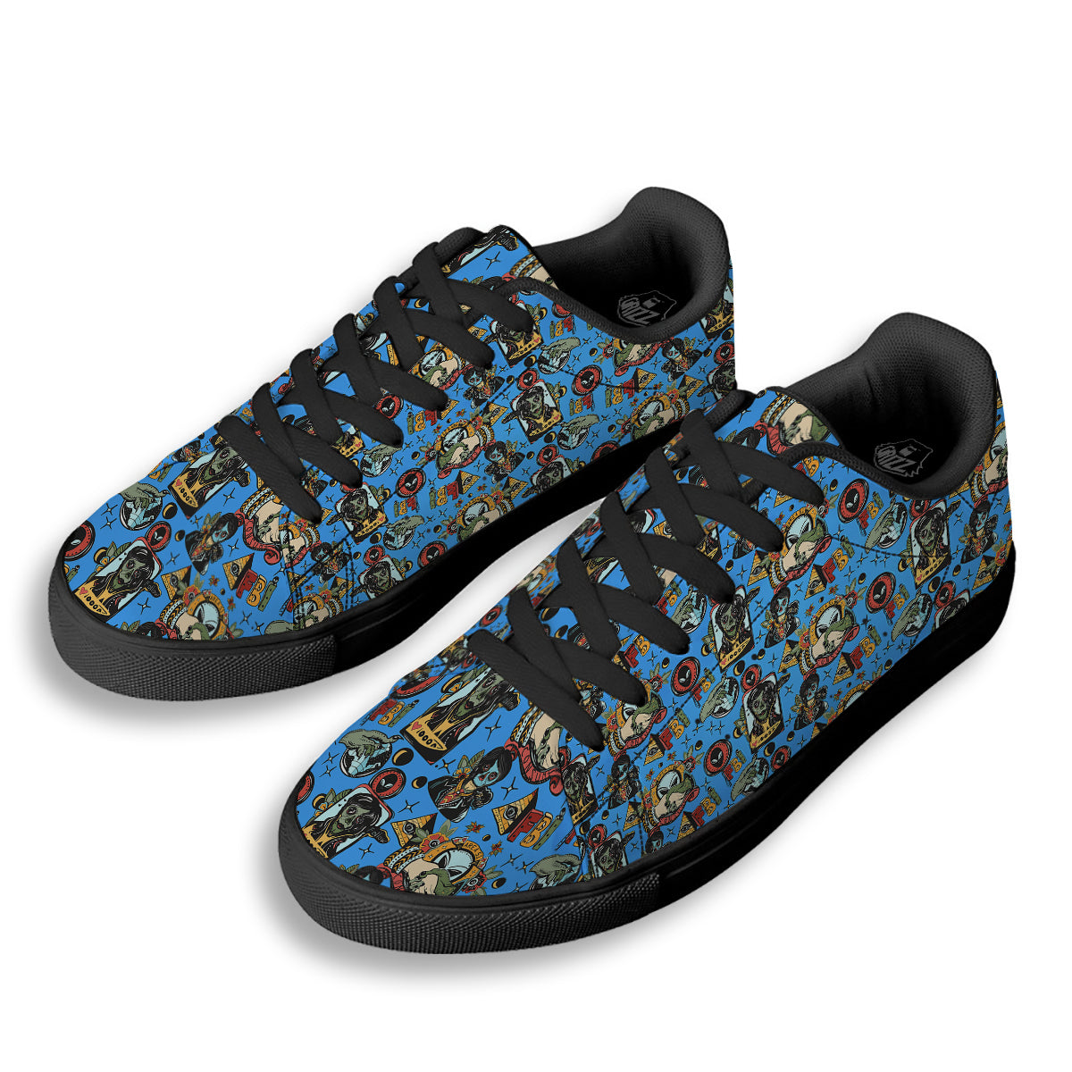 Space Alien Retro Tattoo Print Pattern Black Low Top Sneakers-grizzshop