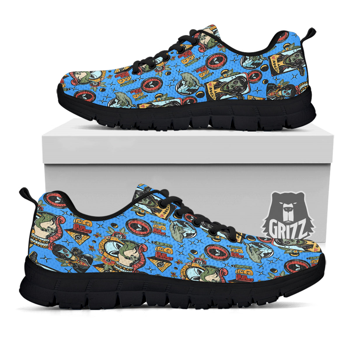 Space Alien Retro Tattoo Print Pattern Black Sneaker-grizzshop