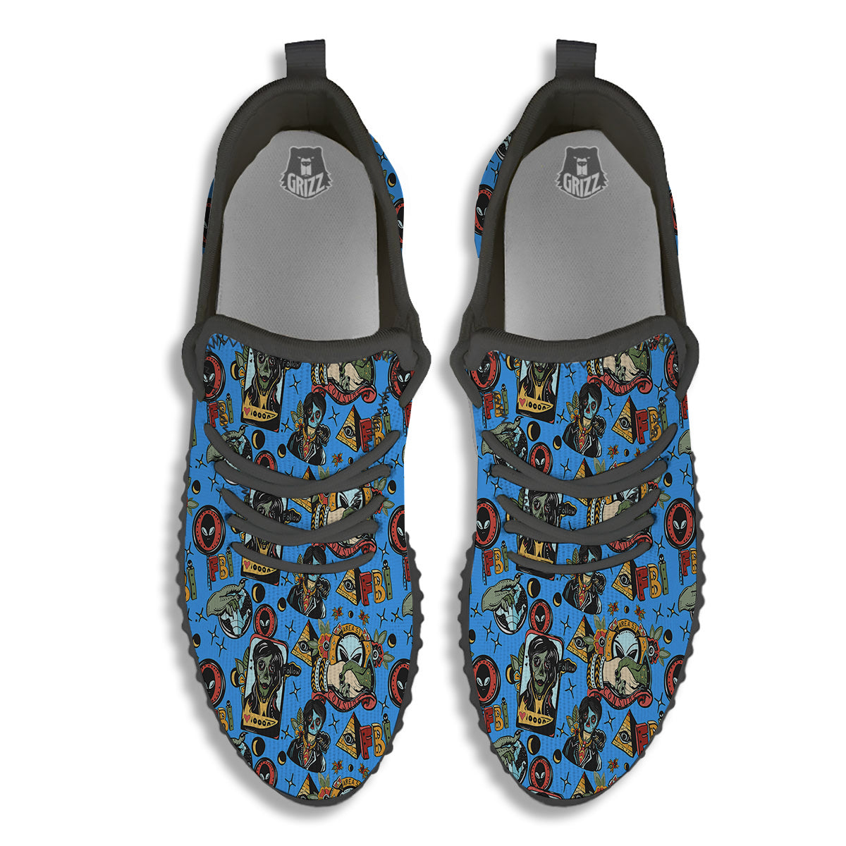 Space Alien Retro Tattoo Print Pattern Black Walking Shoes-grizzshop