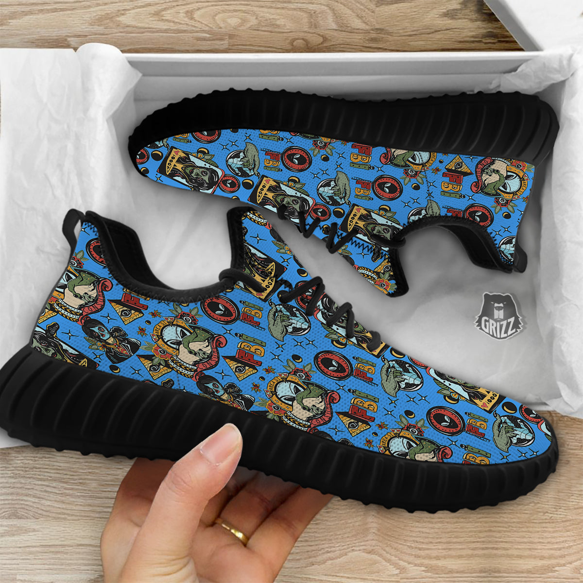 Space Alien Retro Tattoo Print Pattern Black Walking Shoes-grizzshop