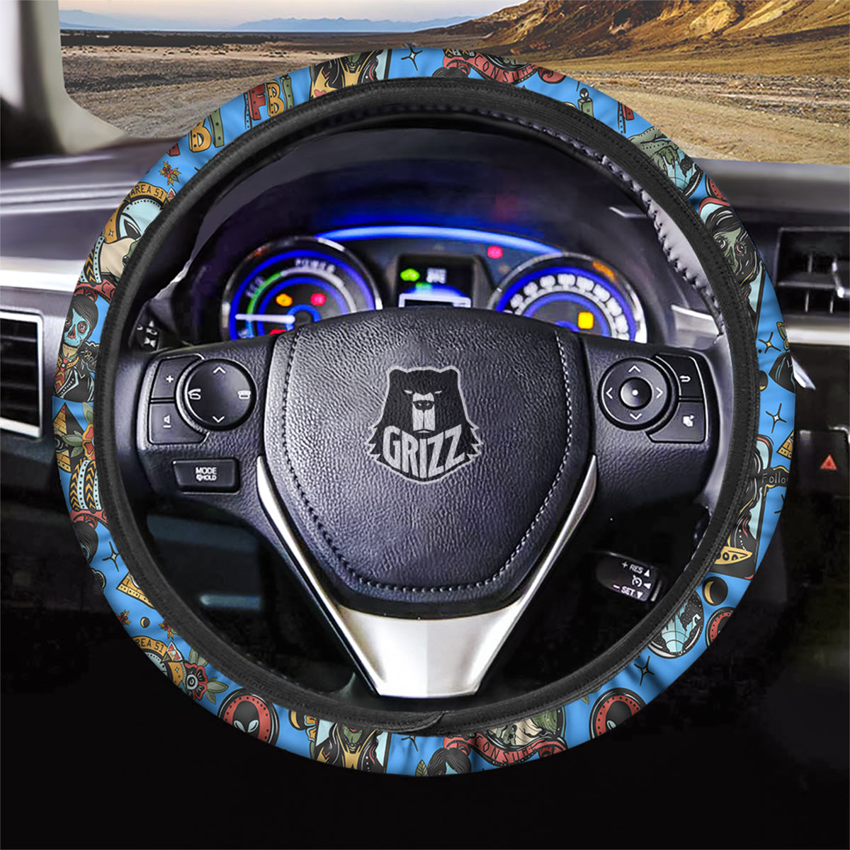 Space Alien Retro Tattoo Print Pattern Car Steering Wheel Cover-grizzshop
