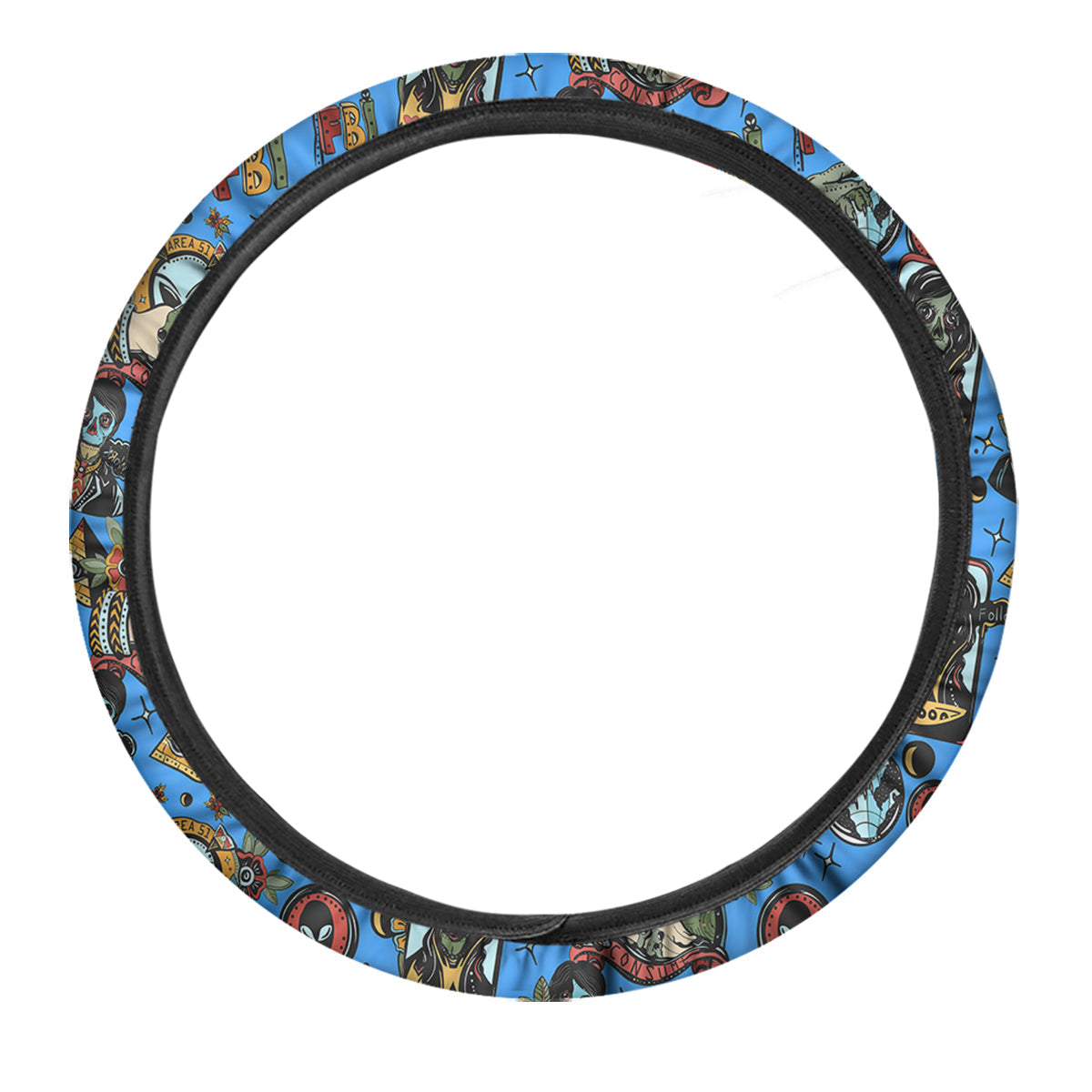 Space Alien Retro Tattoo Print Pattern Car Steering Wheel Cover-grizzshop