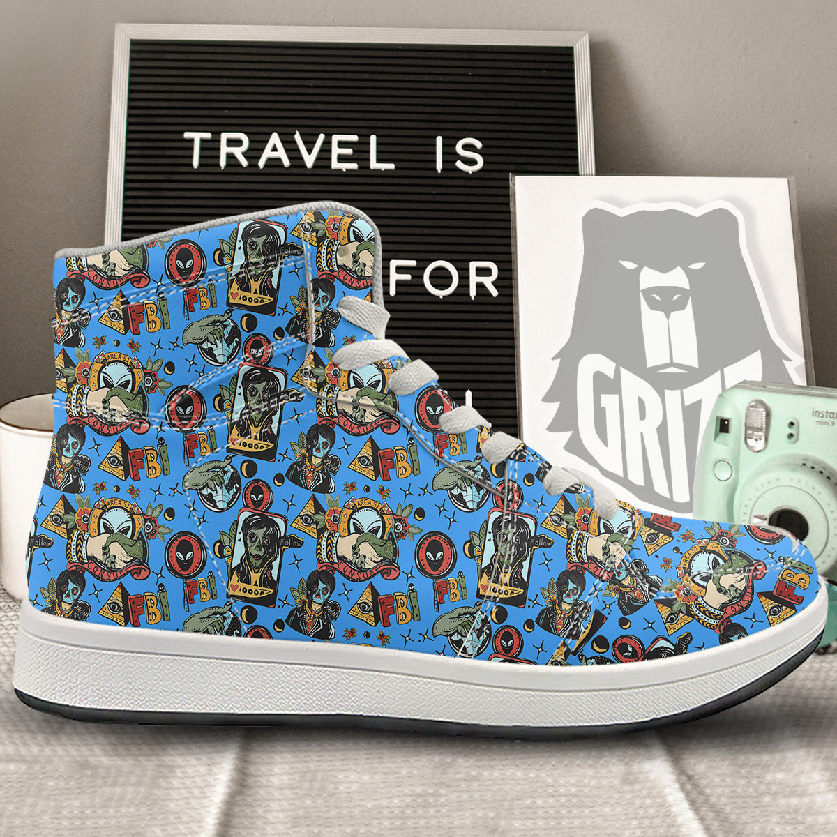 Space Alien Retro Tattoo Print Pattern High Top Sneakers-grizzshop