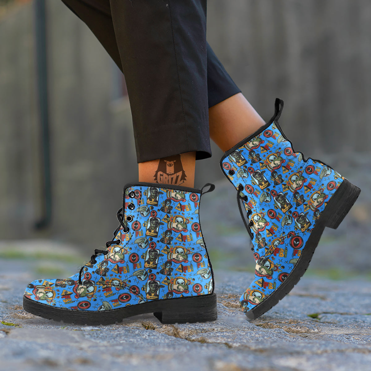 Space Alien Retro Tattoo Print Pattern Leather Boots-grizzshop