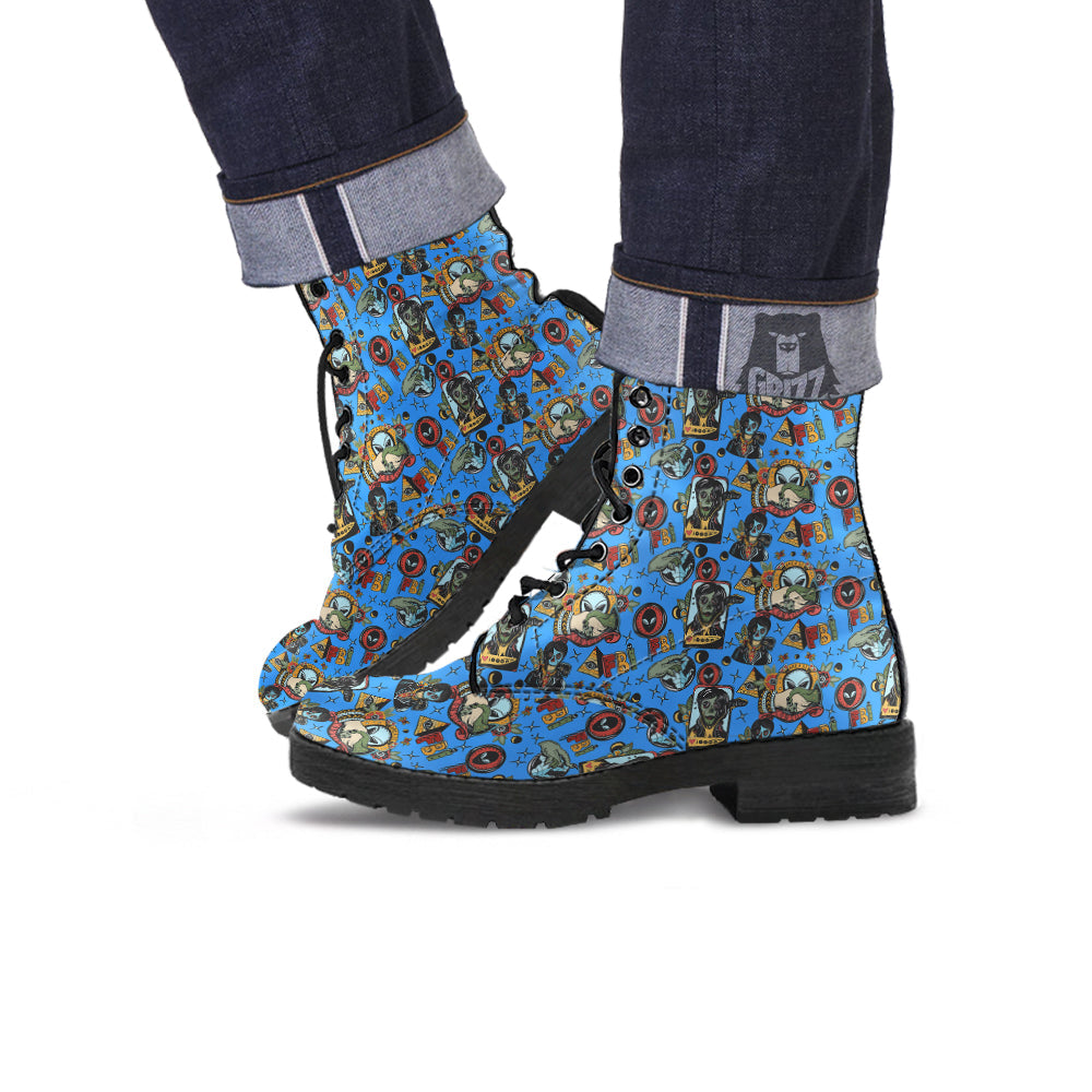 Space Alien Retro Tattoo Print Pattern Leather Boots-grizzshop