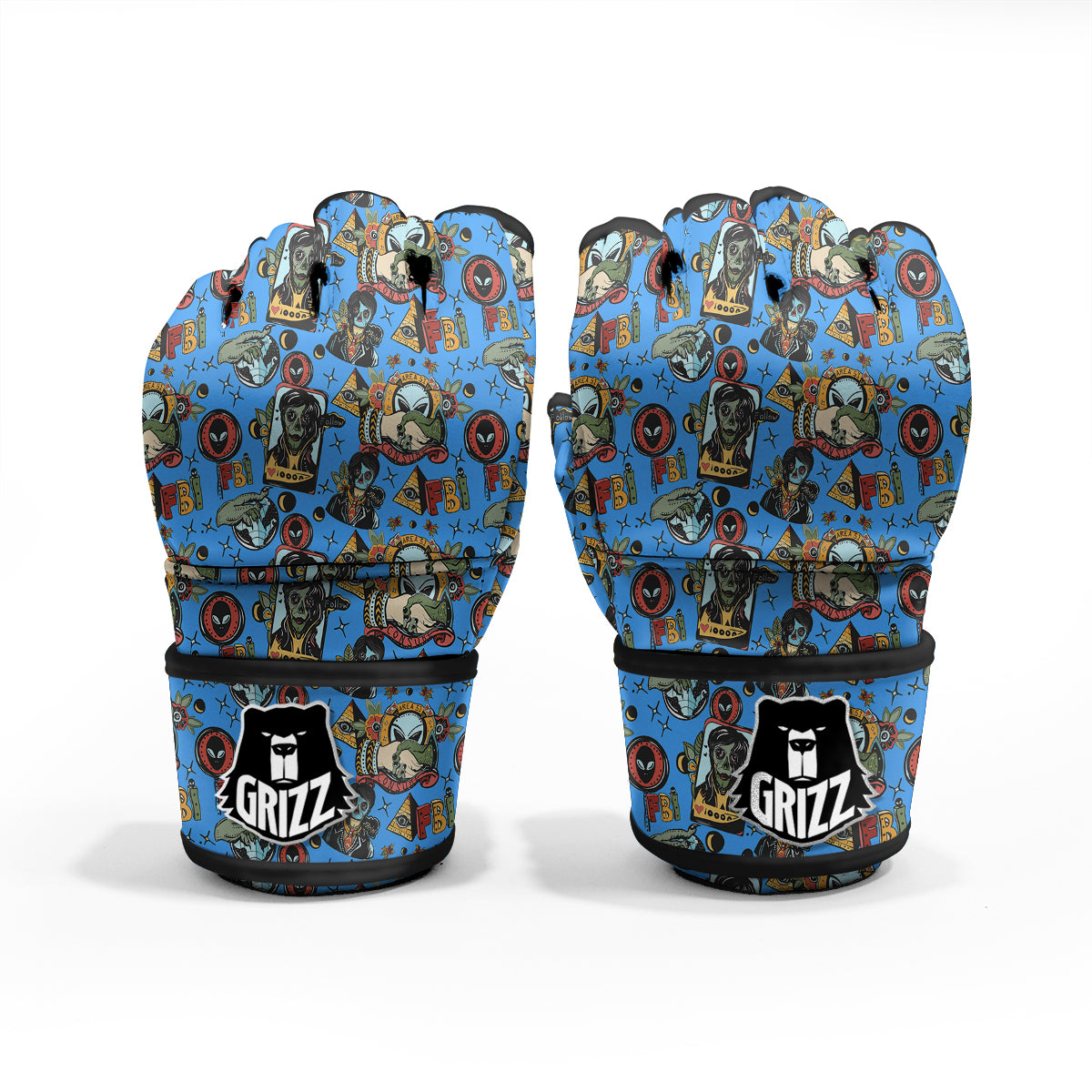 Space Alien Retro Tattoo Print Pattern MMA Gloves-grizzshop