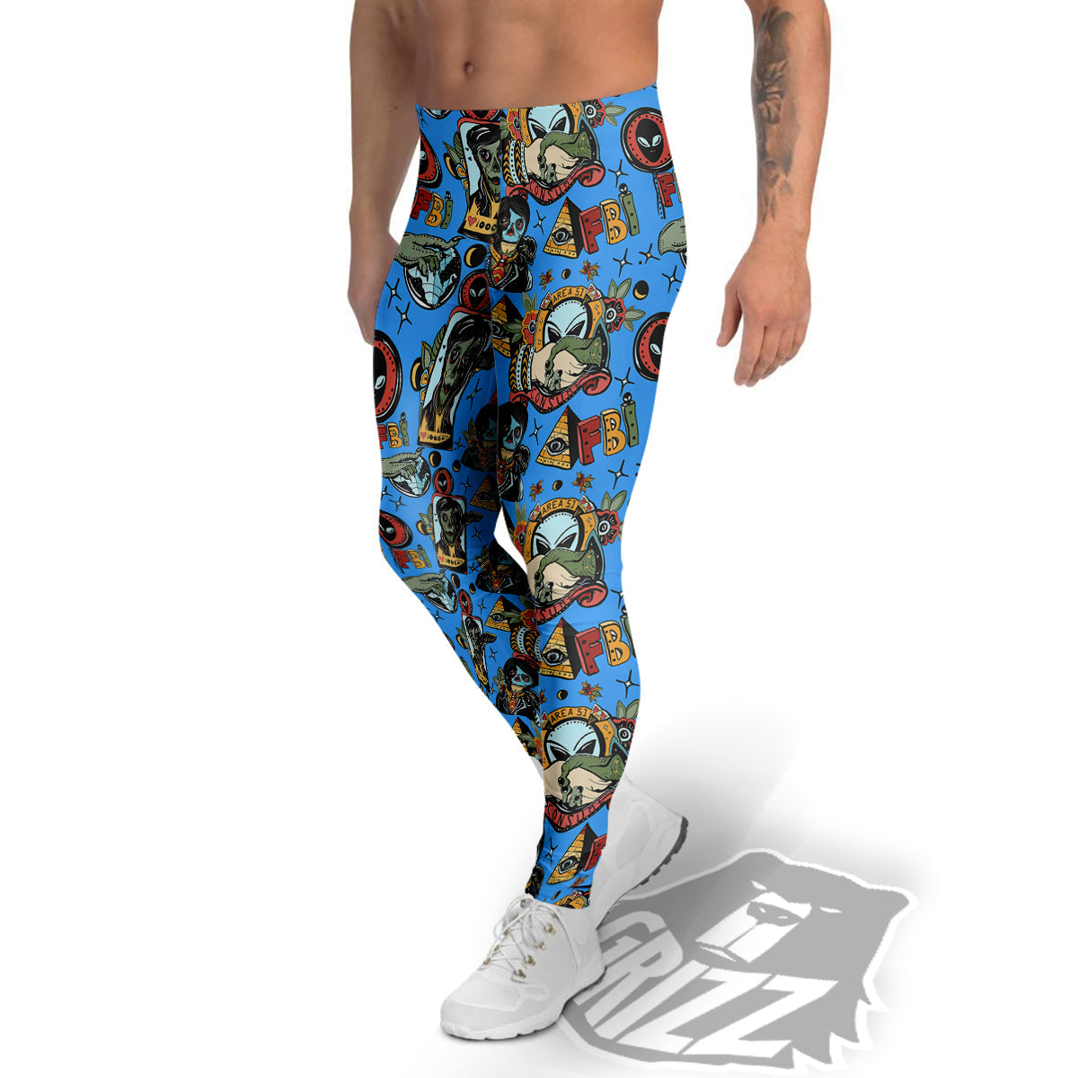 Space Alien Retro Tattoo Print Pattern Men's Leggings-grizzshop