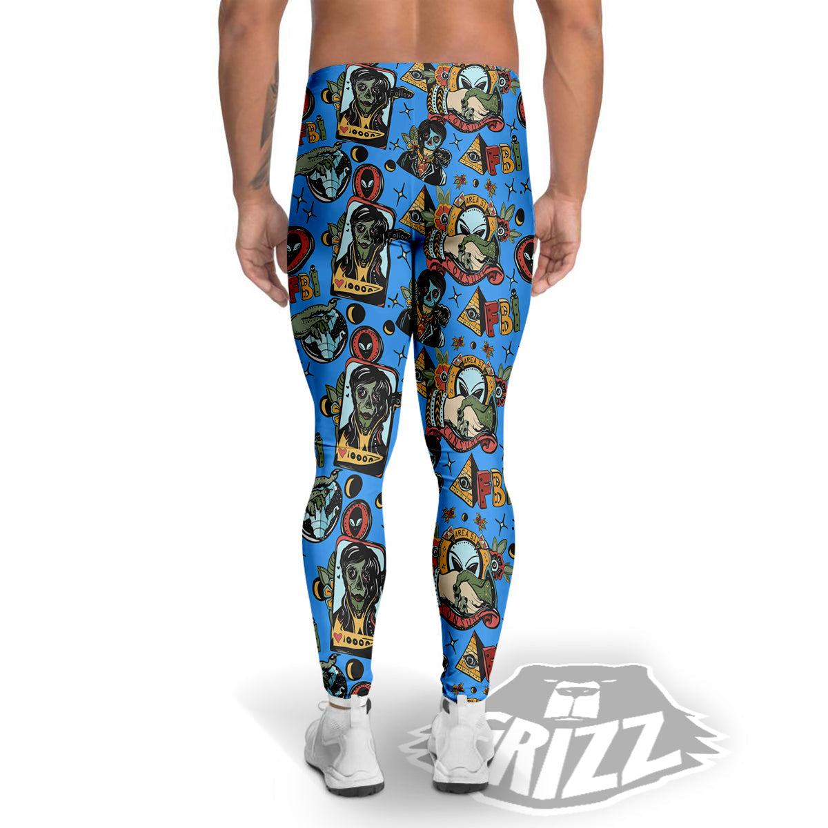 Space Alien Retro Tattoo Print Pattern Men's Leggings-grizzshop