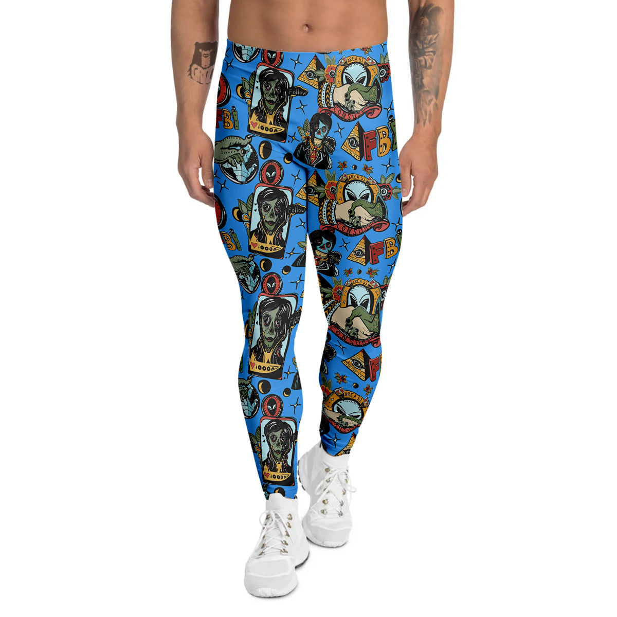 Space Alien Retro Tattoo Print Pattern Men's Leggings-grizzshop