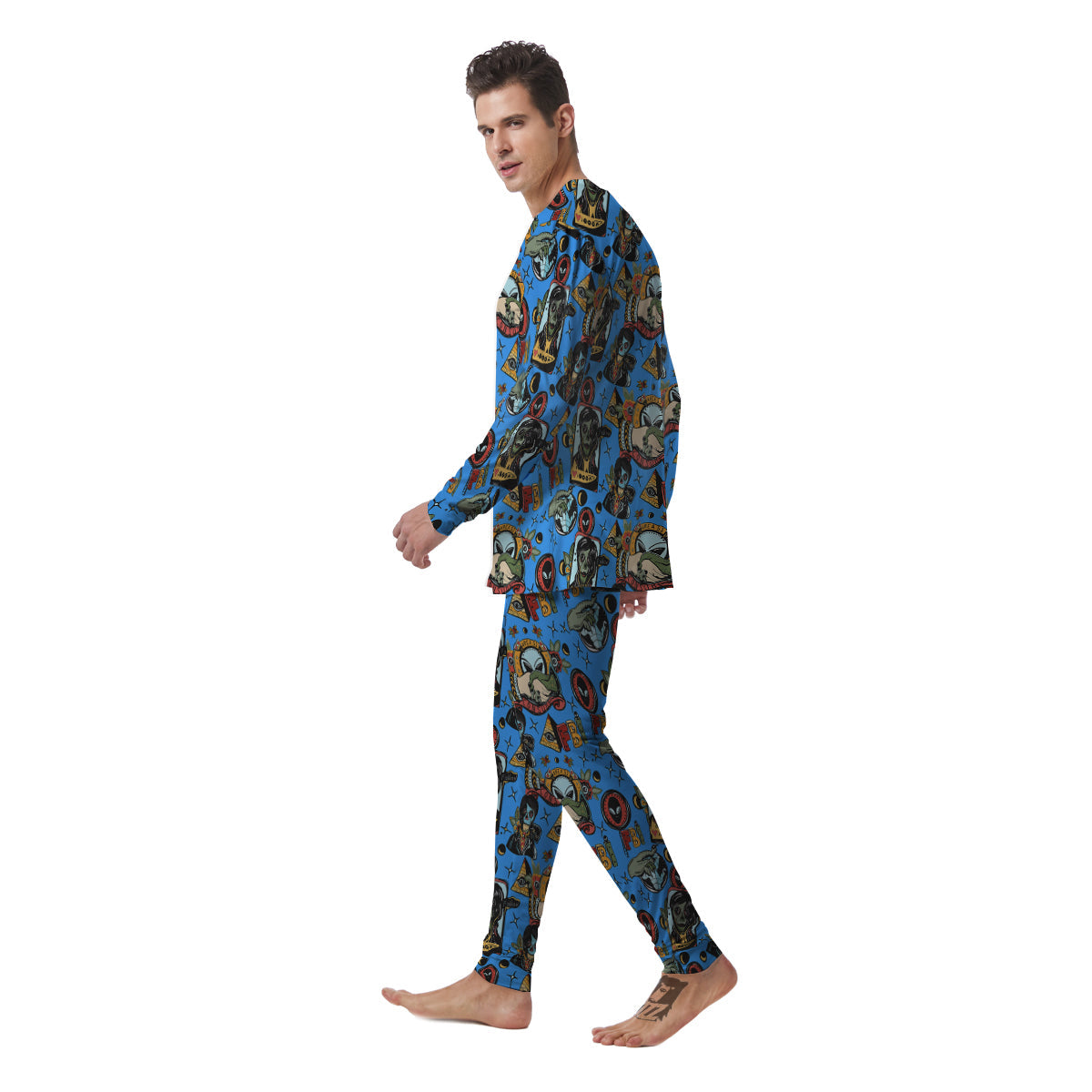 Space Alien Retro Tattoo Print Pattern Men's Pajamas-grizzshop