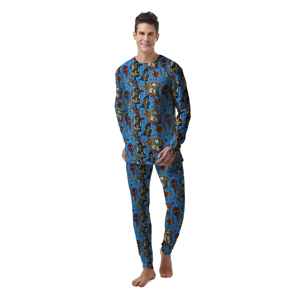 Space Alien Retro Tattoo Print Pattern Men's Pajamas-grizzshop