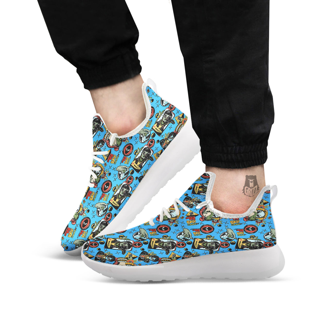Space Alien Retro Tattoo Print Pattern White Athletic Shoes-grizzshop