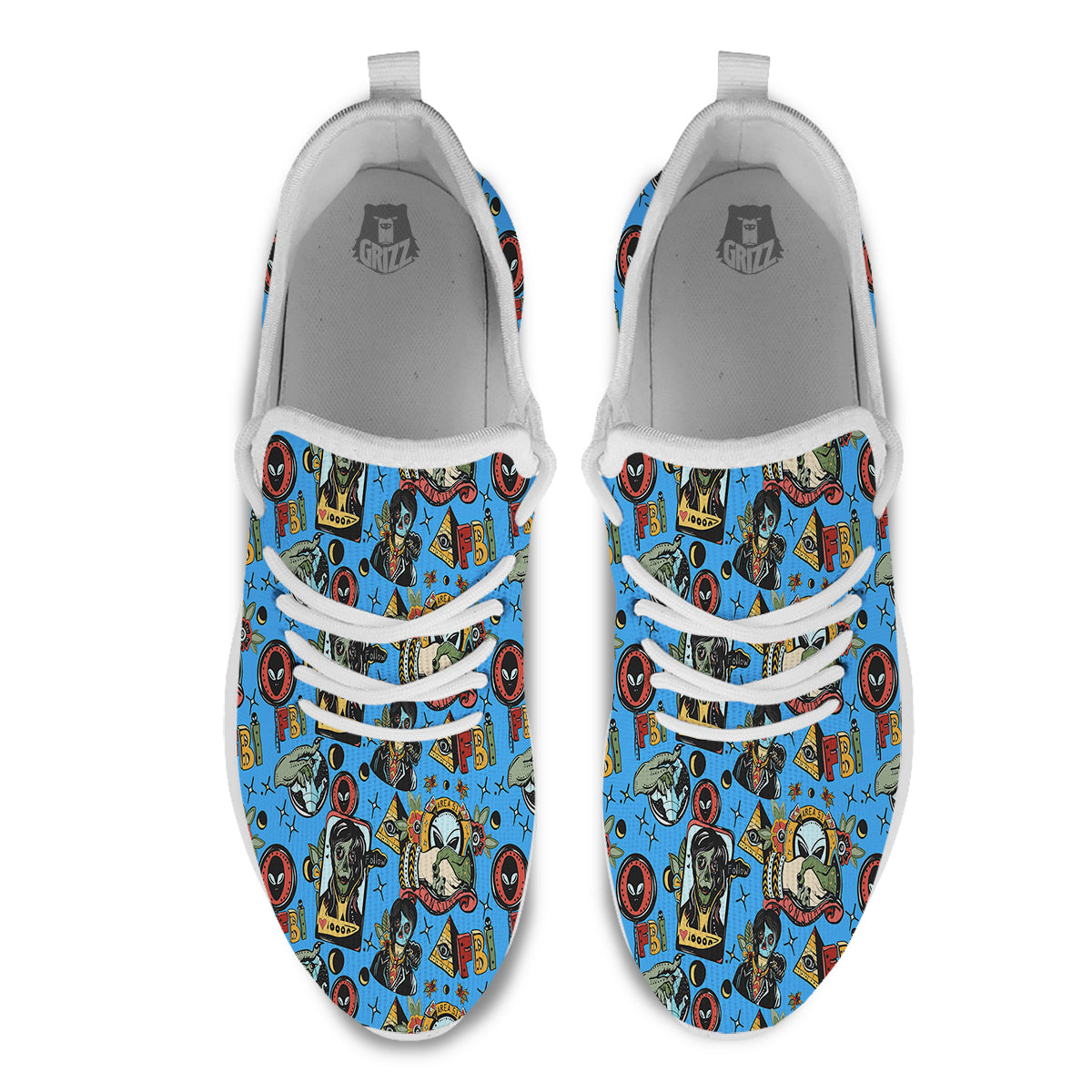 Space Alien Retro Tattoo Print Pattern White Athletic Shoes-grizzshop