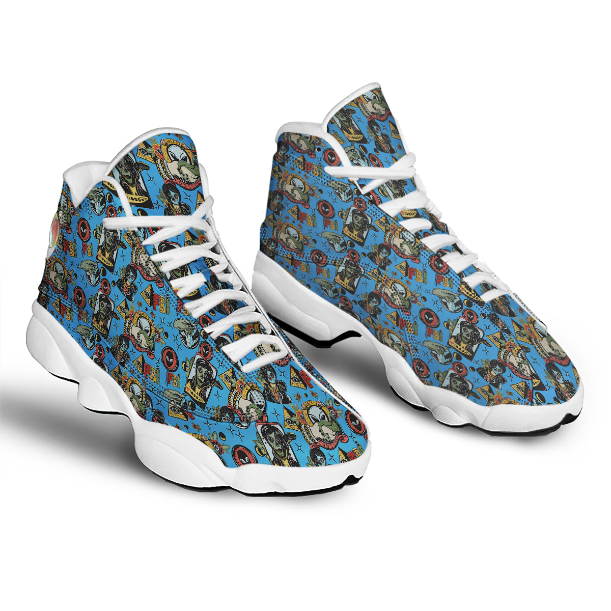 Space Alien Retro Tattoo Print Pattern White Basketball Shoes-grizzshop