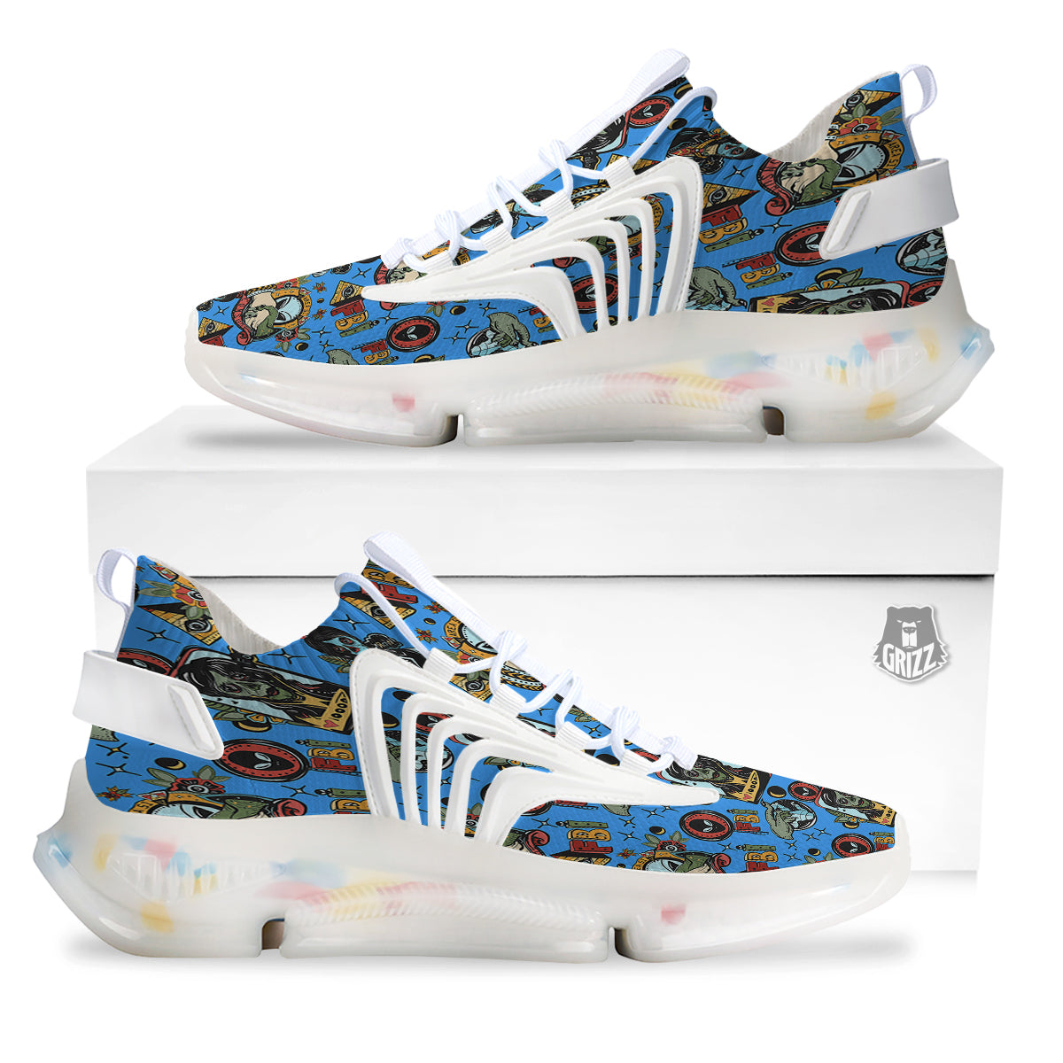 Space Alien Retro Tattoo Print Pattern White Gym Shoes-grizzshop