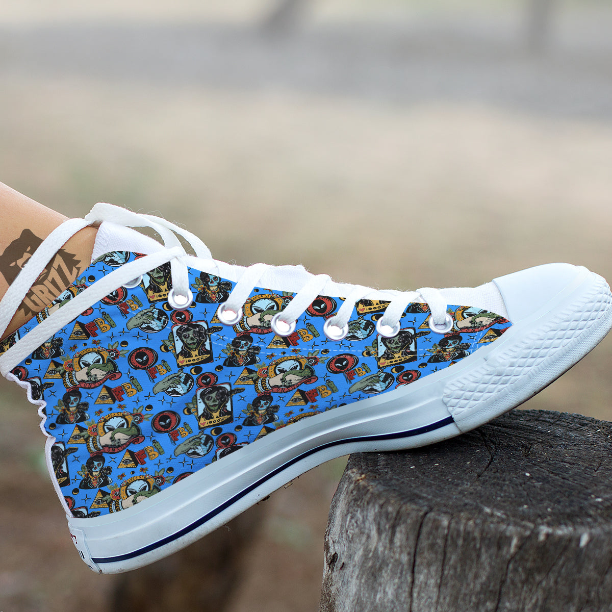 Space Alien Retro Tattoo Print Pattern White High Top Shoes-grizzshop