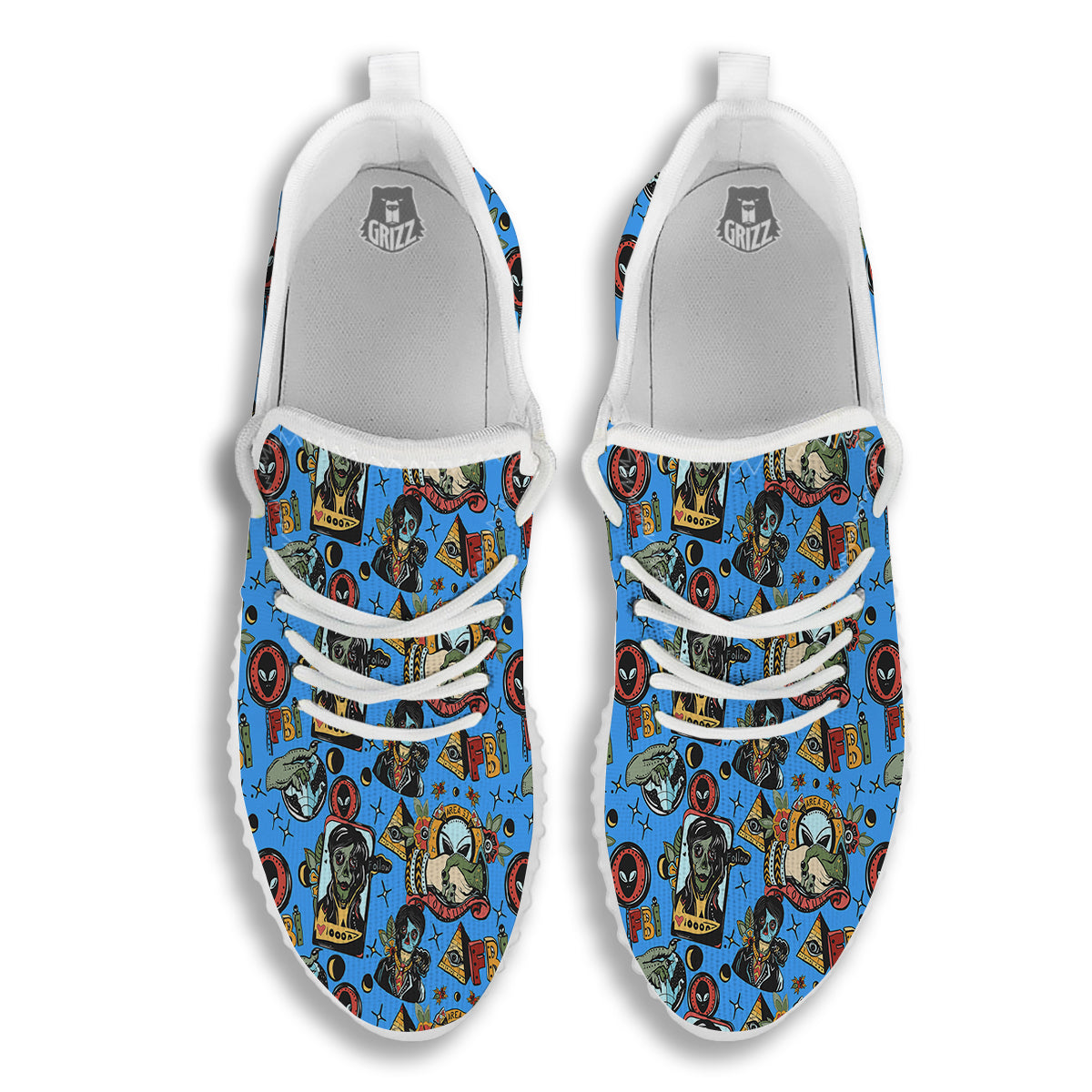 Space Alien Retro Tattoo Print Pattern White Walking Shoes-grizzshop