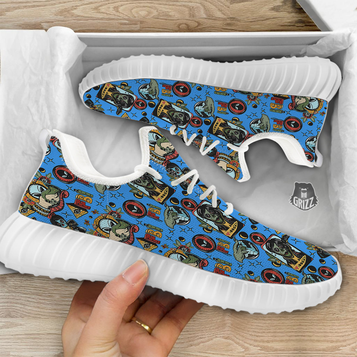Space Alien Retro Tattoo Print Pattern White Walking Shoes-grizzshop