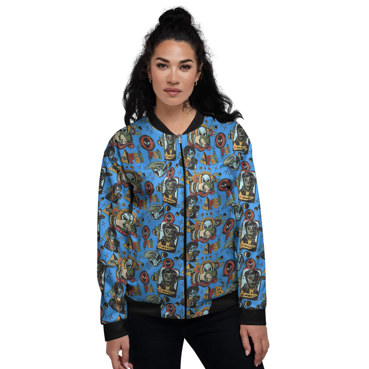 Space Alien Retro Tattoo Print Pattern Women's Bomber Jacket-grizzshop