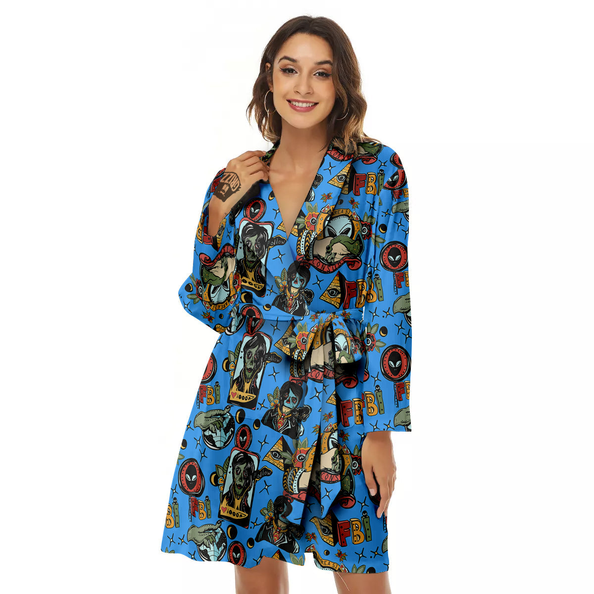 Space Alien Retro Tattoo Print Pattern Women's Robe-grizzshop