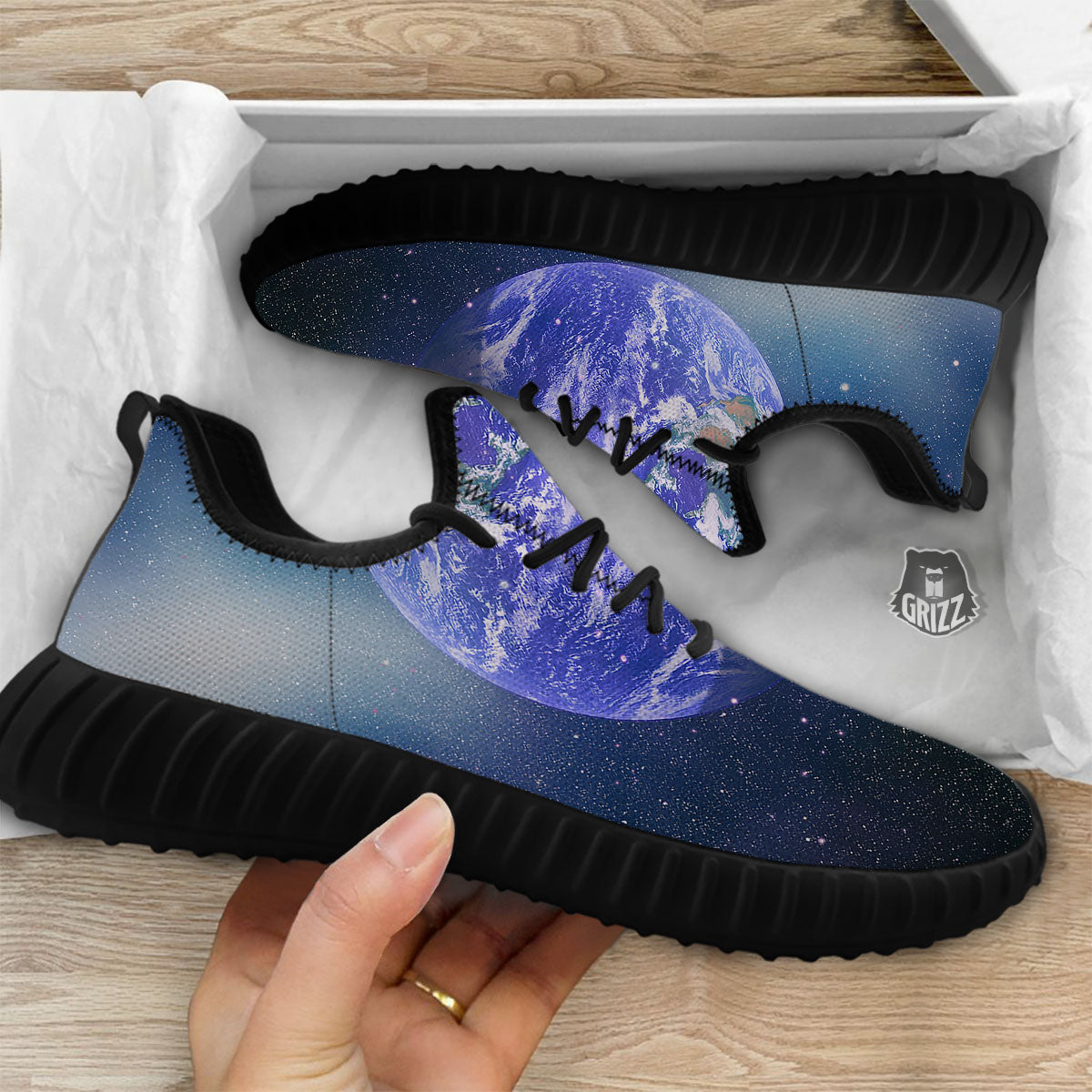 Space And Earth Print Black Walking Shoes-grizzshop