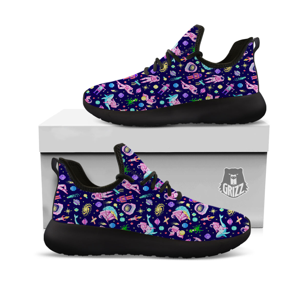 Space Astronaut 8 Bit Print Pattern Black Athletic Shoes-grizzshop