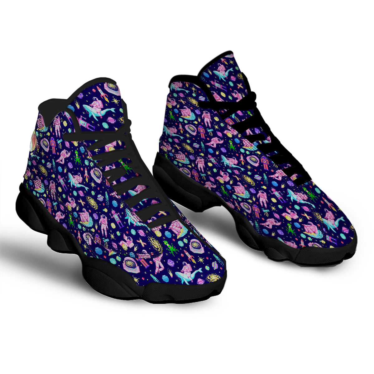 Space Astronaut 8 Bit Print Pattern Black Basketball Shoes-grizzshop