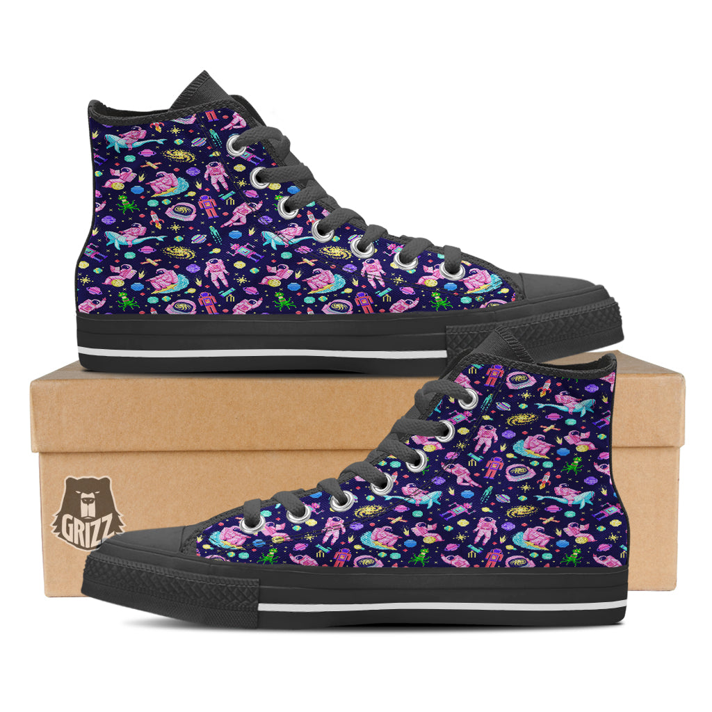 Space Astronaut 8 Bit Print Pattern Black High Top Shoes-grizzshop