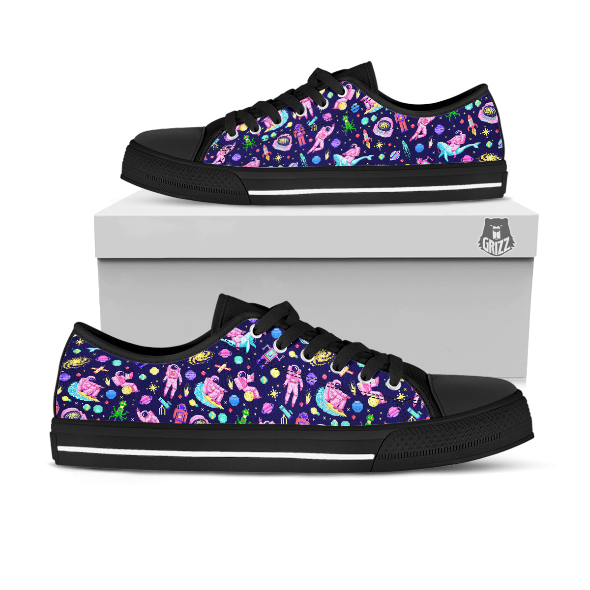 Space Astronaut 8 Bit Print Pattern Black Low Top Shoes-grizzshop