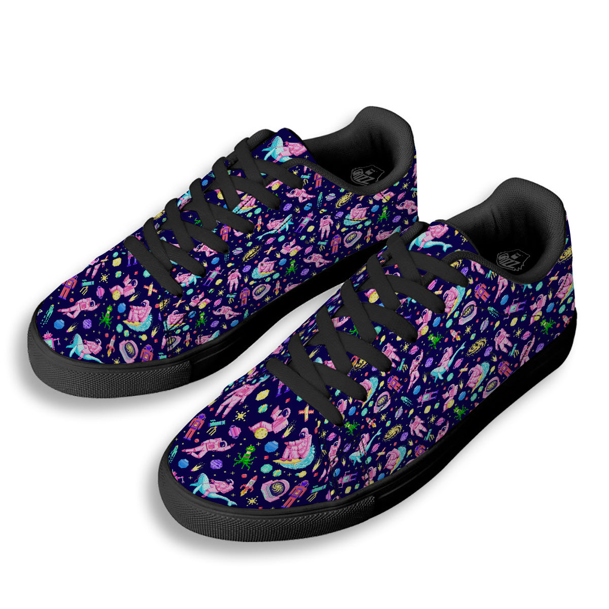 Space Astronaut 8 Bit Print Pattern Black Low Top Sneakers-grizzshop