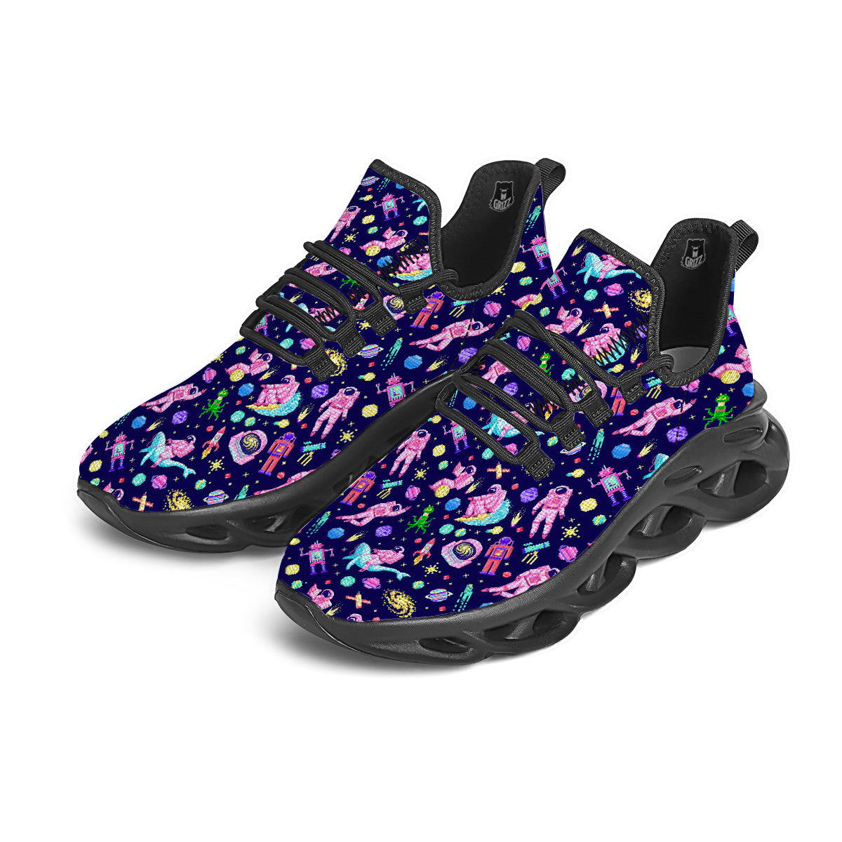Space Astronaut 8 Bit Print Pattern Black Running Shoes-grizzshop