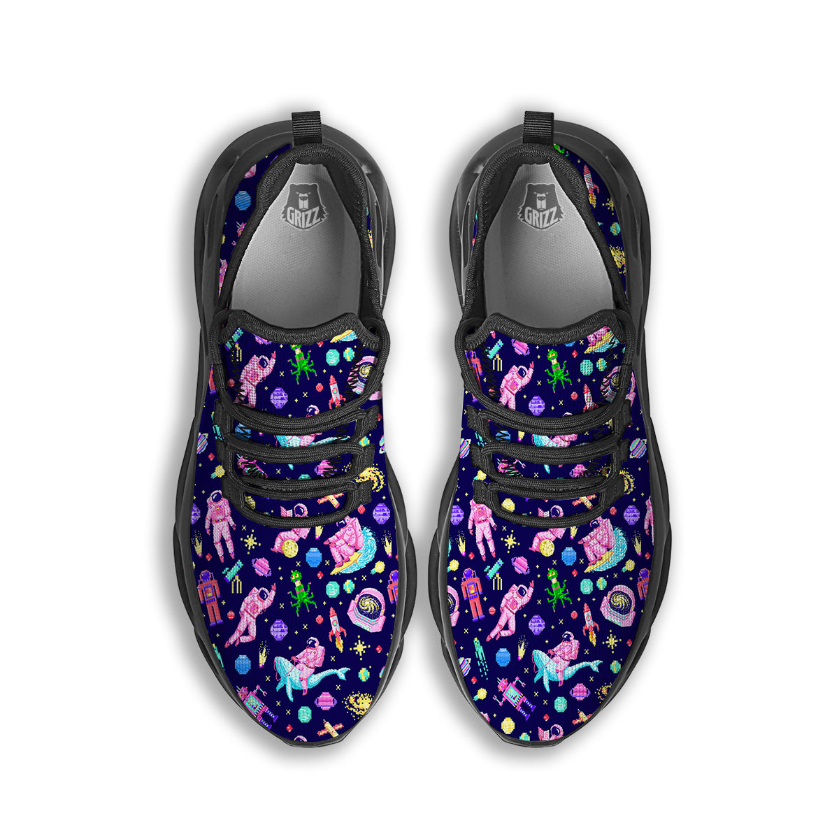 Space Astronaut 8 Bit Print Pattern Black Running Shoes-grizzshop
