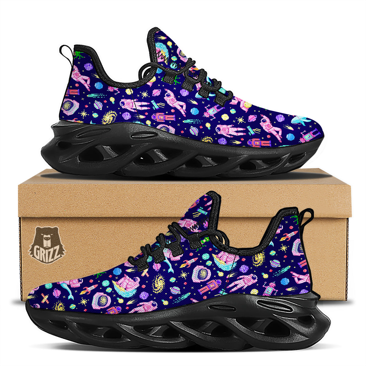 Space Astronaut 8 Bit Print Pattern Black Running Shoes-grizzshop