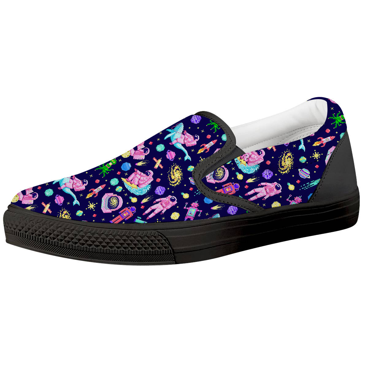 Space Astronaut 8 Bit Print Pattern Black Slip On Shoes-grizzshop