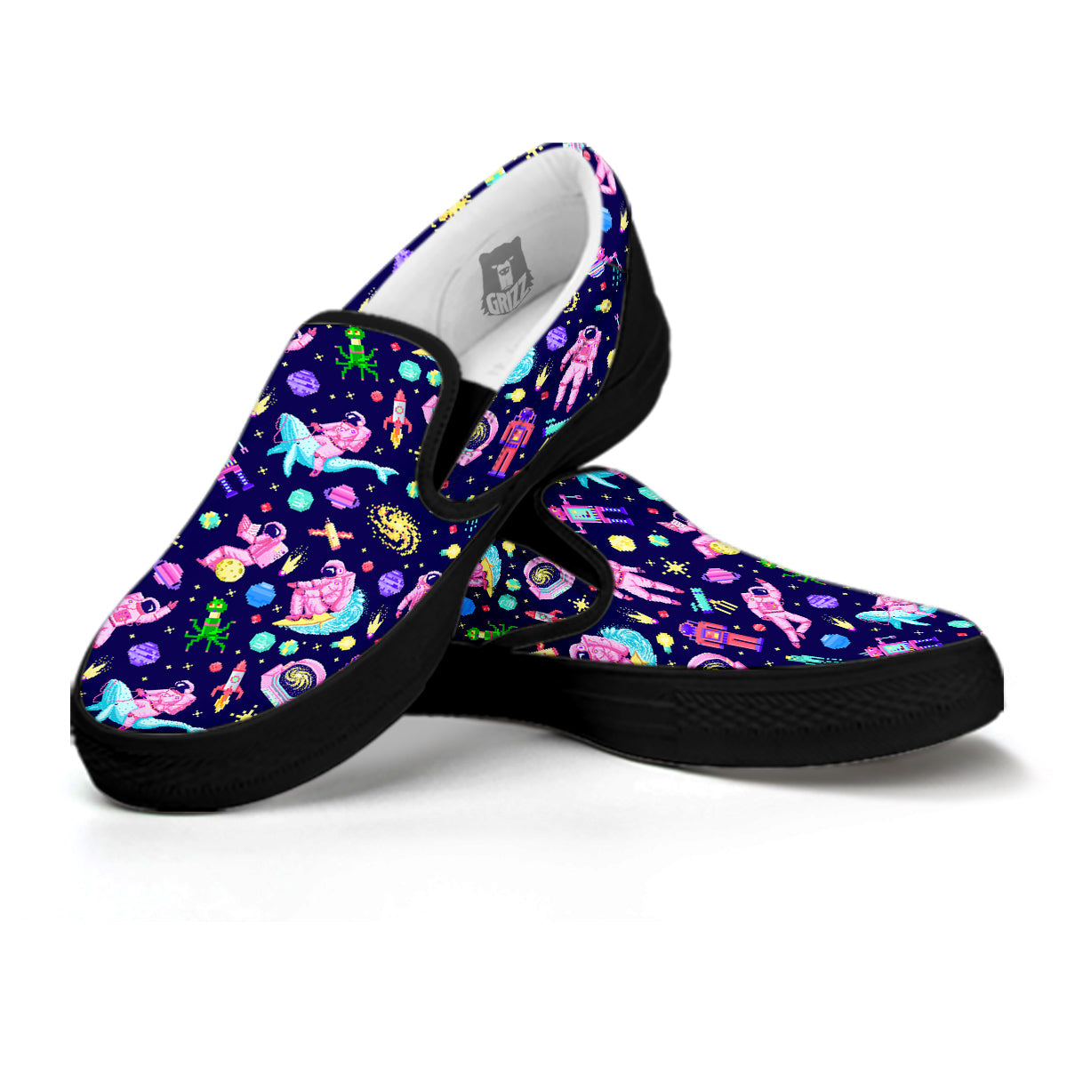 Space Astronaut 8 Bit Print Pattern Black Slip On Shoes-grizzshop